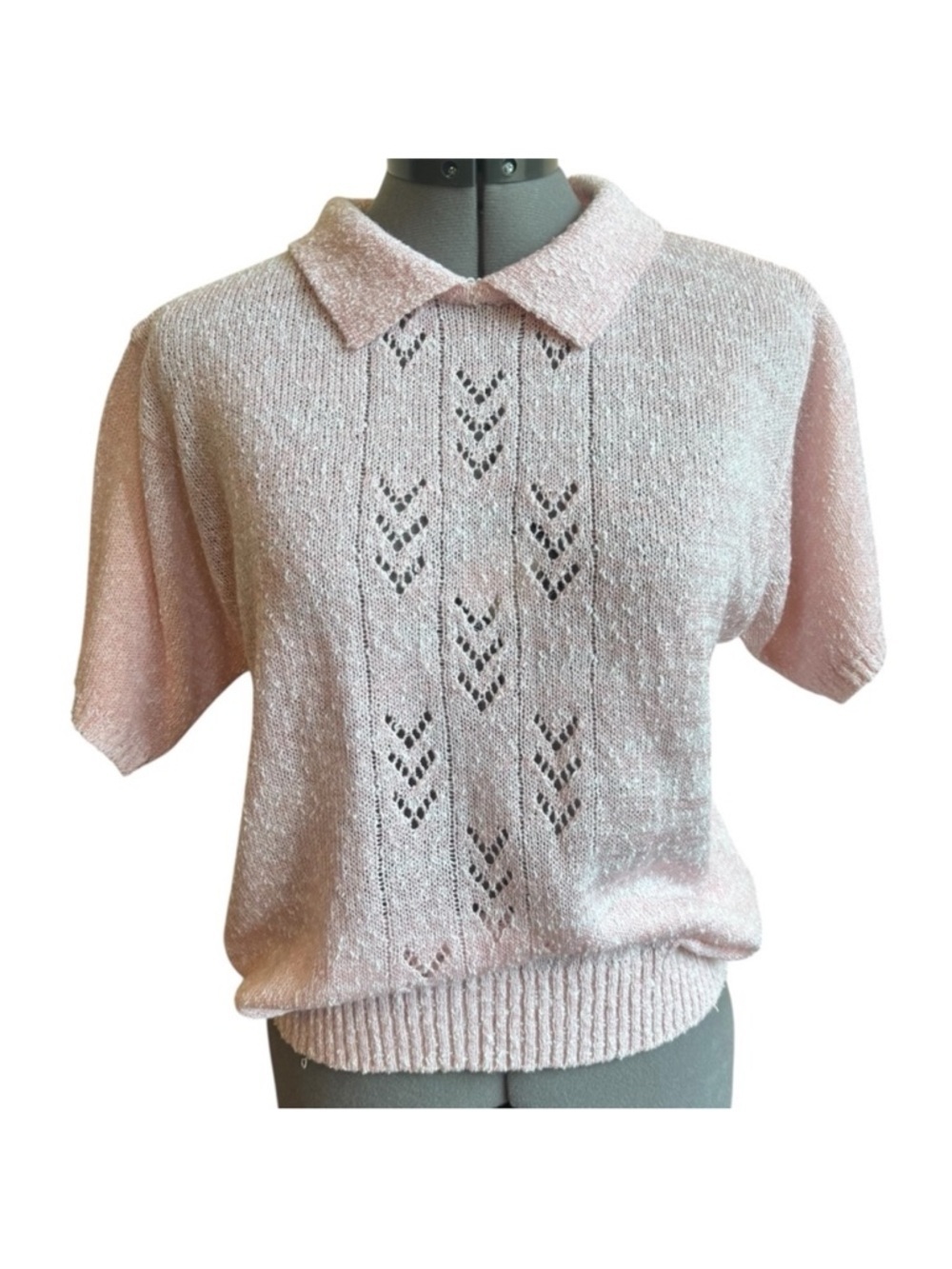 Vintage Tanjay Knit Collared Shirt Cottagecore Pointelle Short Sleeve Blush Pink